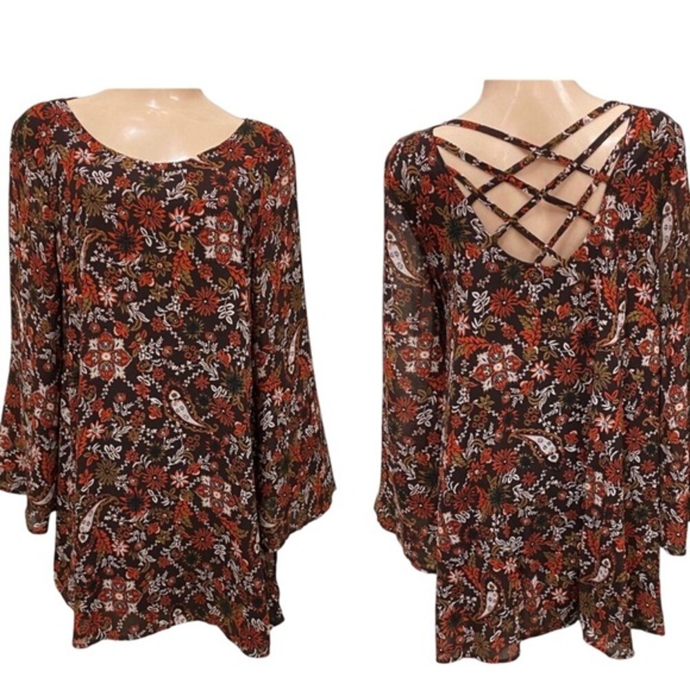 Love Kuza Floral Mini Dress Criss Cross Festival Bell Sleeve Bohemian‎ Small
